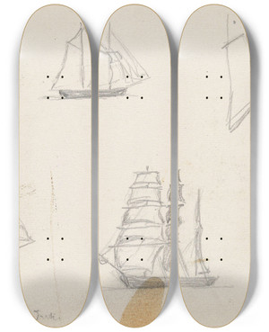 Triptych art skateboard deck of Hans Gude Boat Studies Kattegat by Hans Gude (1825-1903)