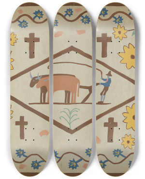 Triptych art skateboard deck of Majel G Claflin Colcha_14 by Majel G Claflin (1893-1941)