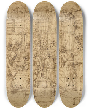 Triptych art skateboard deck of Jan Verbeeck A Scene In A Forge by Jan Verbeeck (1548-1560)