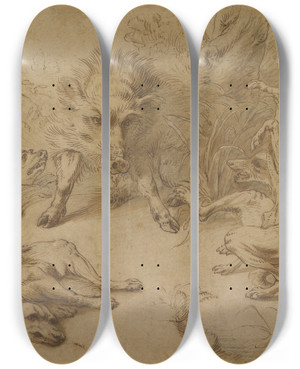 Triptych art skateboard deck of Frans Snyders A Wild Boar At Bay by Frans Snyders (1579-1657)