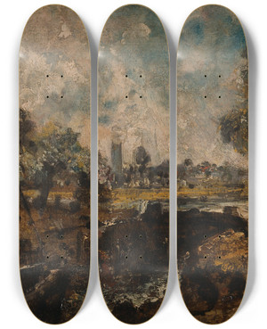 Triptych art skateboard deck of John Constable Dedham Lock_1 by John Constable (1776-1837)