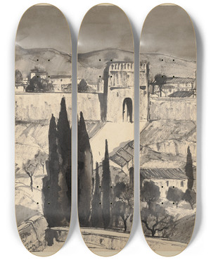 Triptych art skateboard deck of Hermann Lismann Monteripido Perugia by Hermann Lismann (1878-1943)
