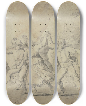 Triptych art skateboard deck of Pieter Holsteyn Ii Dancing Farmers by Pieter Holsteyn Ii (1614-1673)