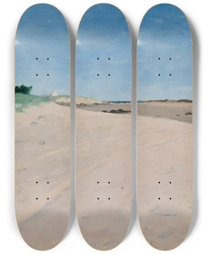 Triptych art skateboard deck of Chester Loomis Beach Scene At St Vaast by Chester Loomis (1852-1924)
