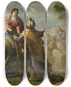 Triptych art skateboard deck of Jos Moreno The Flight Into Egypt by Jose Moreno (1642-1674)