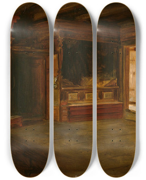 Triptych art skateboard deck of Adolph Tidemand Farm Interior From Sandak by Adolph Tidemand (1814-1876)