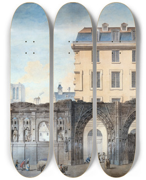 Triptych art skateboard deck of Augustesbastien Bnard Vue De Lancienne Faade De Lhteldieu Aprs Lincendie De1772 by Auguste-Sbastien Bnard (1810-1873)