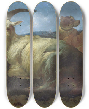 Triptych art skateboard deck of Johann Melchior Roos A Goatherd Watching His Animals by Johann Melchior Roos (1663-1731)
