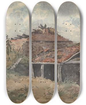 Triptych art skateboard deck of David Charles Read Landscape With Two Figures Beside An Old Building by David Charles Read (7901)