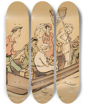 Triptych art skateboard deck of Georges Goursat Sem Secours Aux Marins by Georges Goursat (Sem) (1863-1934)