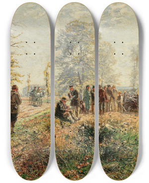 Triptych art skateboard deck of Hugo Mhlig Aufbruch Zur Jagd by Hugo Muhlig (1854-1929)