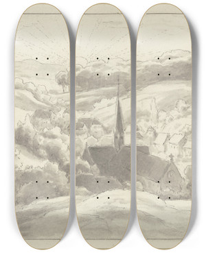 Triptych art skateboard deck of Wilhelm Steinhausen Diethers Abschied Vom Kloster Maulbronn by Wilhelm Steinhausen (1846-1924)