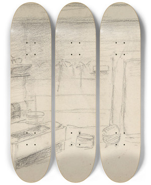 Triptych art skateboard deck of Adolph Tidemand Fra En Krotet Rykstue Viky by Adolph Tidemand (1814-1876)