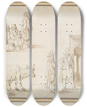 Triptych art skateboard deck of Cornelis De Wael Studies Of Two Cows Figures And Streetscene by Cornelis De Wael (1592-1667)