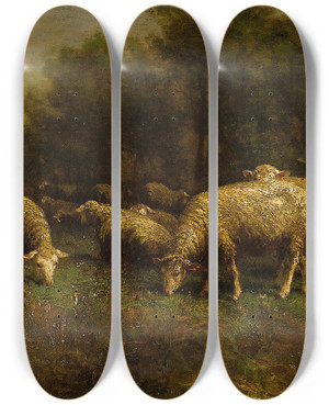 Triptych art skateboard deck of Thomas Bigelow Craig Sheep At Pasture by Thomas Bigelow Craig (1849-1924)