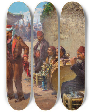 Triptych art skateboard deck of Fausto Zonaro Bayram by Fausto Zonaro (1854-1929)