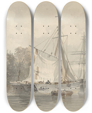 Triptych art skateboard deck of Frans Arnold Breuhaus De Groot Zeilschepen Aan Wal by Frans Arnold Breuhaus De Groot (1824-1872)