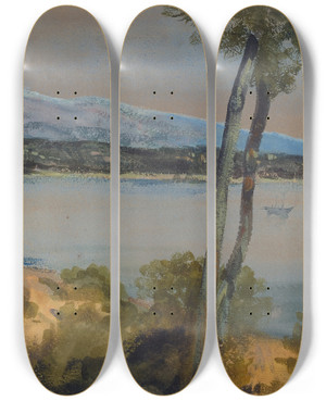 Triptych art skateboard deck of Alphonse Legros Mountains Seen Beyond A Lake by Alphonse Legros (1837-1911)
