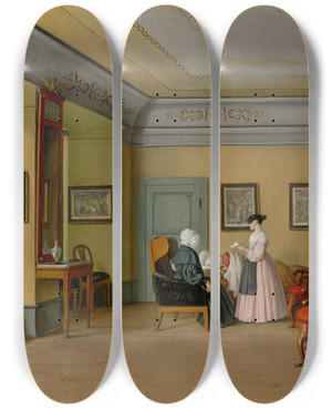 Triptych art skateboard deck of Carl Siegmund Walther Szene Im Hause Bluhm In Reval by Carl Siegmund Walther