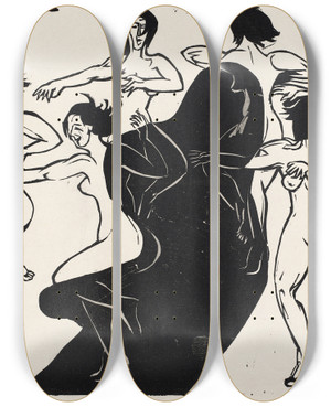 Triptych art skateboard deck of Ernst Ludwig Kirchner Nudes Dancing Around A Shadow by Ernst Ludwig Kirchner (1880-1938)