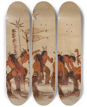 Triptych art skateboard deck of George Catlin Snowshoe Dance At The First Snowfall by George Catlin (1796-1872)