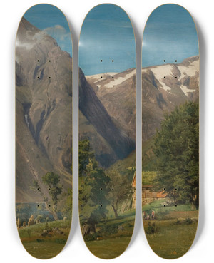Triptych art skateboard deck of Amaldus Nielsen Sommerdag Balestrand by Amaldus Nielsen (1838-1932)