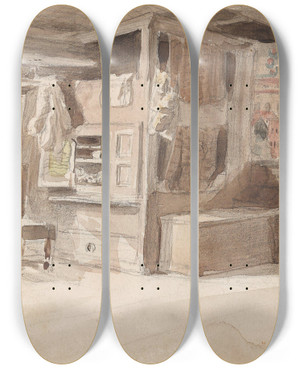 Triptych art skateboard deck of Adolph Tidemand Interir Leksand by Adolph Tidemand (1814-1876)