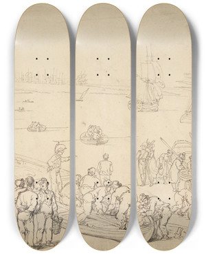 Triptych art skateboard deck of Thomas Rowlandson Seaport by Thomas Rowlandson (1756-1827)
