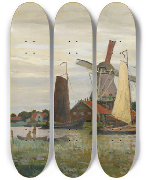 Triptych art skateboard deck of Claude Monet Un Moulin Zaandam by Claude Monet (1840-1926)