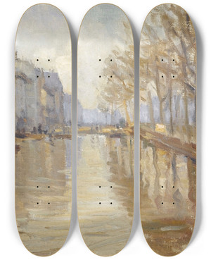 Triptych art skateboard deck of Germain Eugne Bonneton Le Quai Montebello Inondations De 1910 by Germain Eugene Bonneton (1874-1915)