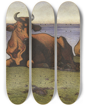 Triptych art skateboard deck of Nils Kreuger Resting Cows Motif From Land by Nils Kreuger (1858-1930)