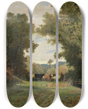 Triptych art skateboard deck of Gustave Castan Landscape With Shepherd And Cattle by Gustave Castan (1823-1892)