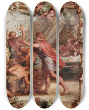 Triptych art skateboard deck of Peter Paul Rubens Briseis Given Back To Achilles by Peter Paul Rubens (1577-1640)