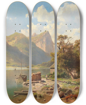 Triptych art skateboard deck of Adolf Chwala Partie Am Mondsee_1 by Adolf Chwala (1836-1900)