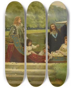 Triptych art skateboard deck of William Henry Margetson An Afternoon At Hampton Court by William Henry Margetson (1861-1940)