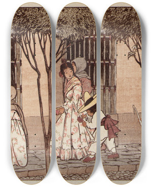 Triptych art skateboard deck of Helen Hyde Sunday Morning by Helen Hyde (1868-1919)
