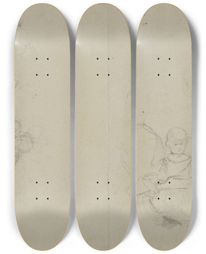 Triptych art skateboard deck of Jakob Becker Studienblatt Kleinkind Die Weinlese by Jakob Becker (1810-1872)