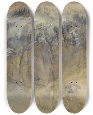 Triptych art skateboard deck of John Ruskin Alpine Scene by John Ruskin (1819-1900)