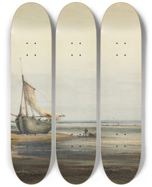 Triptych art skateboard deck of Copley Fielding Coast Scene With A Beached Boat by Copley Fielding (1787-1855)