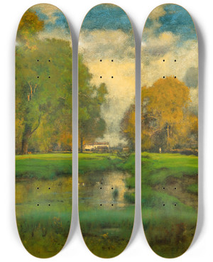 Triptych art skateboard deck of George Inness October by George Inness (1825-1894)