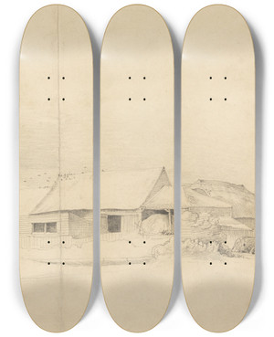 Triptych art skateboard deck of Cornelius Varley Farm Buildings With Stack Makers by Cornelius Varley (1781-1873)