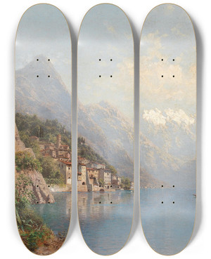 Triptych art skateboard deck of Robert Schultze Gandria On Lake Lugano by Robert Schultze (1828-1910)