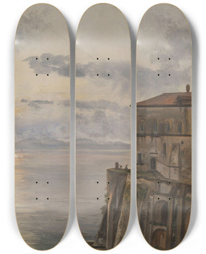 Triptych art skateboard deck of Johan Christian Dahl The Barracks At Pizzofalcone Naples by Johan Christian Dahl (1788-1857)