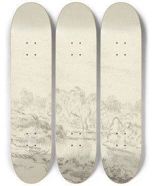 Triptych art skateboard deck of Jacob Van Ruisdael River Landscape_2 by Jacob Van Ruisdael (1628-1682)