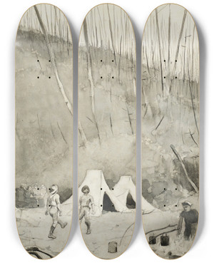 Triptych art skateboard deck of Winslow Homer Camp In Canada by Winslow Homer (1836-1910)