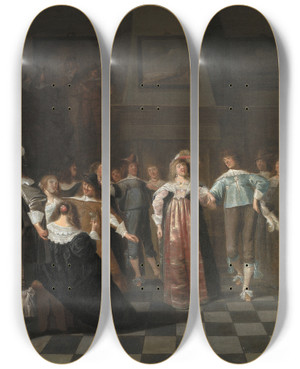 Triptych art skateboard deck of Dirck Hals A Ball by Dirck Hals (1591-1656)