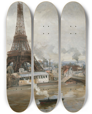 Triptych art skateboard deck of Paul Louis Delance La Tour Eiffel Et Le Champdemars by Paul Louis Delance (1848-1924)