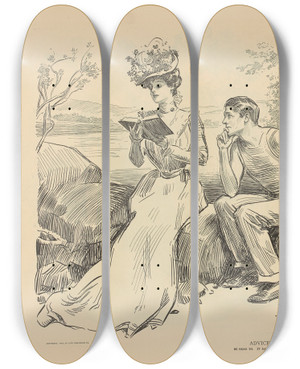Triptych art skateboard deck of Charles Dana Gibson Advice To Students by Charles Dana Gibson (1867-1944)