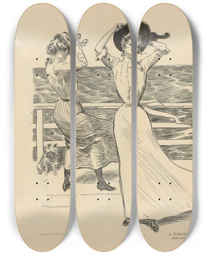 Triptych art skateboard deck of Charles Dana Gibson A Northeaster_2 by Charles Dana Gibson (1867-1944)