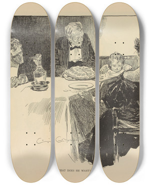 Triptych art skateboard deck of Charles Dana Gibson What Does He Want_2 by Charles Dana Gibson (1867-1944)